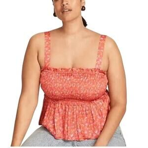 J. Crew Satin Floral Feartherweight Peplum Tank‎ Coral Smocked Size Medium